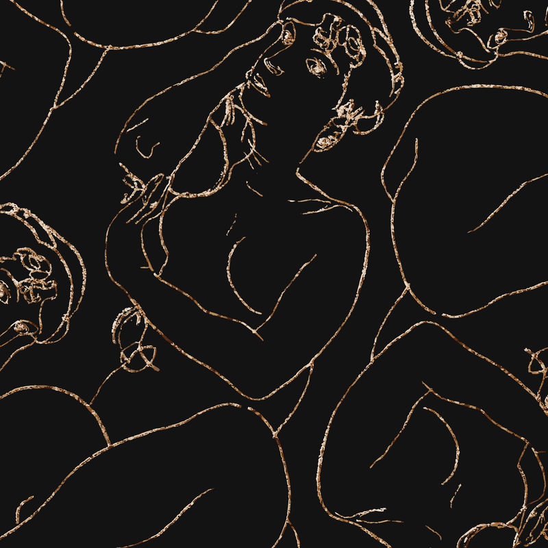 金色女性线条艺术绘画图案背景矢量混合自Egon Schiele的艺术作品