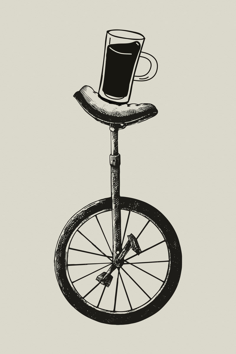 带有咖啡标志的单轮车矢量企业形象插图