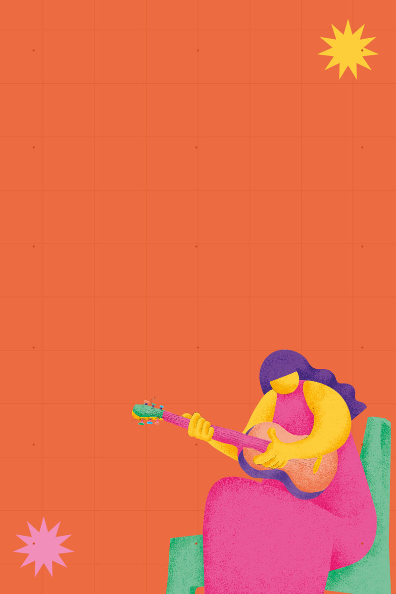 橙色音乐背景矢量与吉他手音乐家平面图形