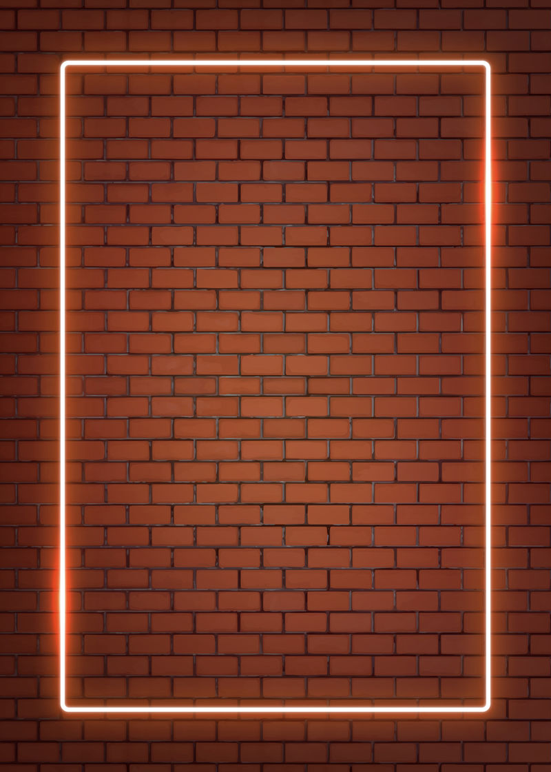 橙色砖墙矢量上的矩形橙色霓虹灯框架
