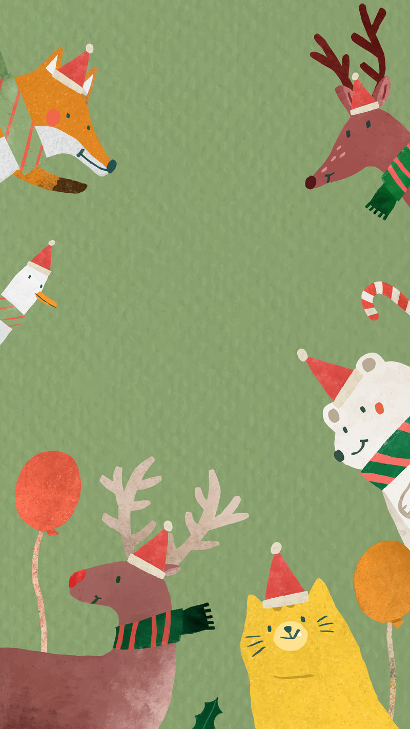 圣诞动物涂鸦手机壁纸矢量