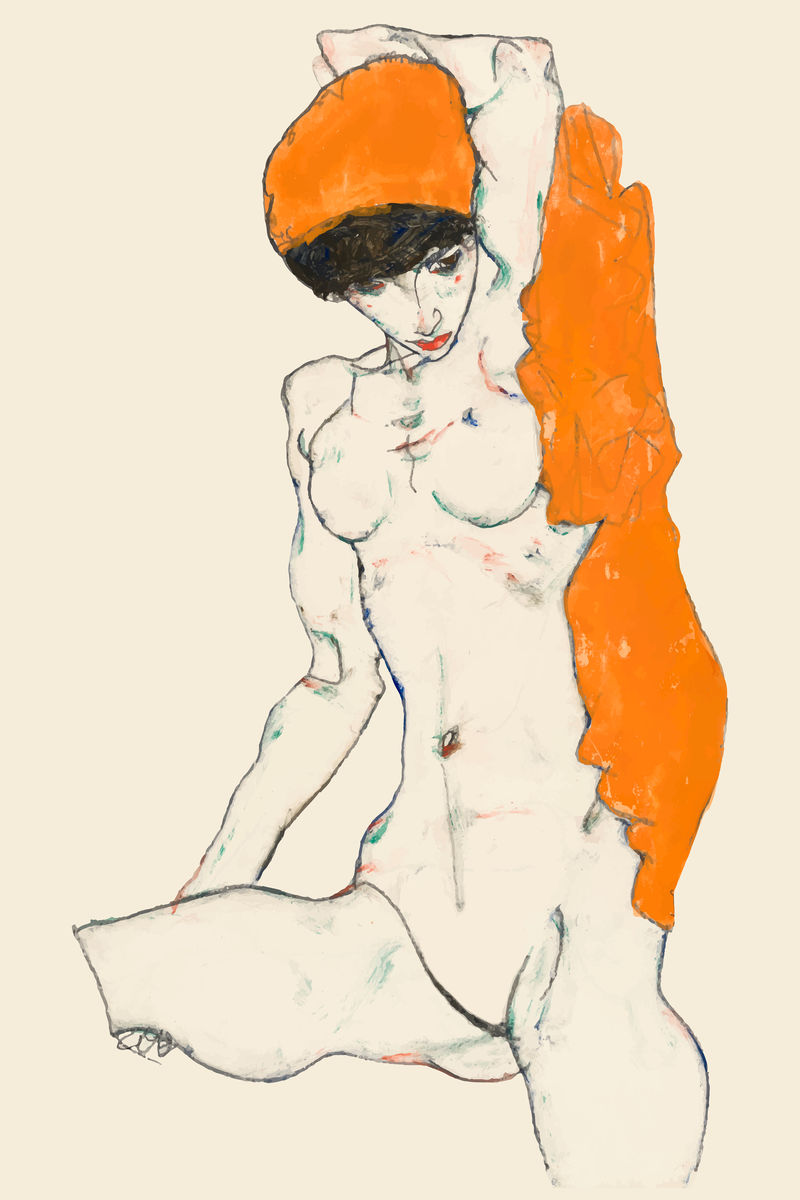 裸体女人举起一个橙色的窗帘向量混合从伊贡希勒的艺术作品