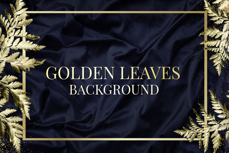 海军蓝丝绸质感背景插图上的金色leatherleaf蕨类植物框架