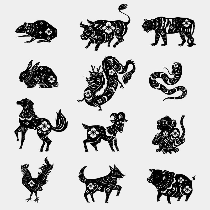 中国动物十二生肖矢量黑色年画系列