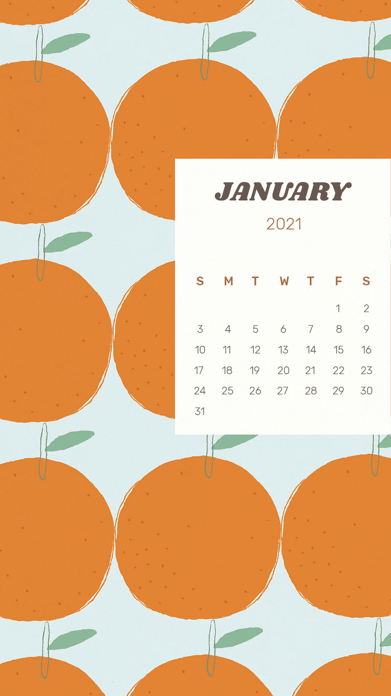 日历2021年1月可打印psd模板与可爱的橙色背景