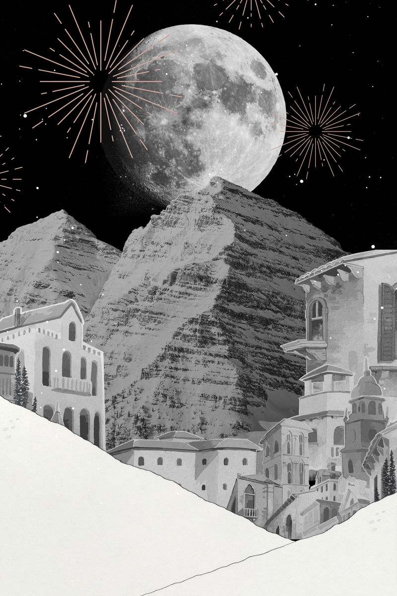 以超级月亮和烟火为背景的地中海建筑由乔治·巴比尔的艺术作品混合而成