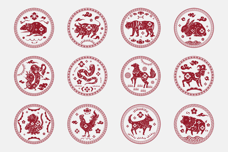 中国星座动物徽章psd红色新年设计元素套装