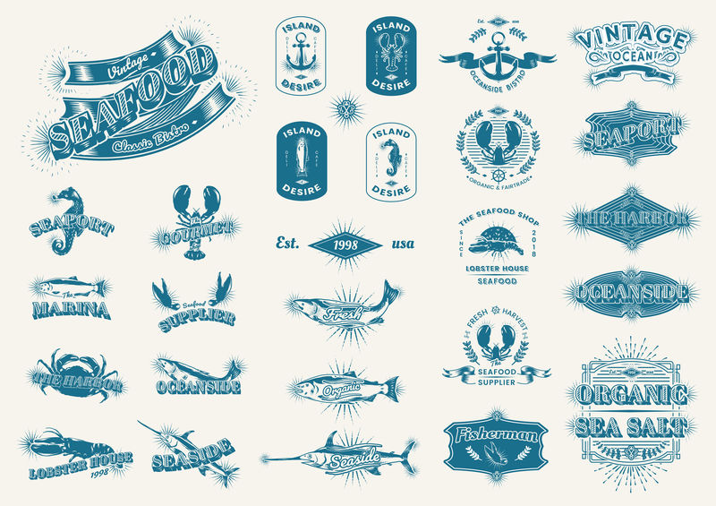 海鲜餐厅复古logos矢量集