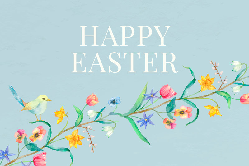 复活节快乐问候模板矢量复古花卉水彩蓝色问候横幅