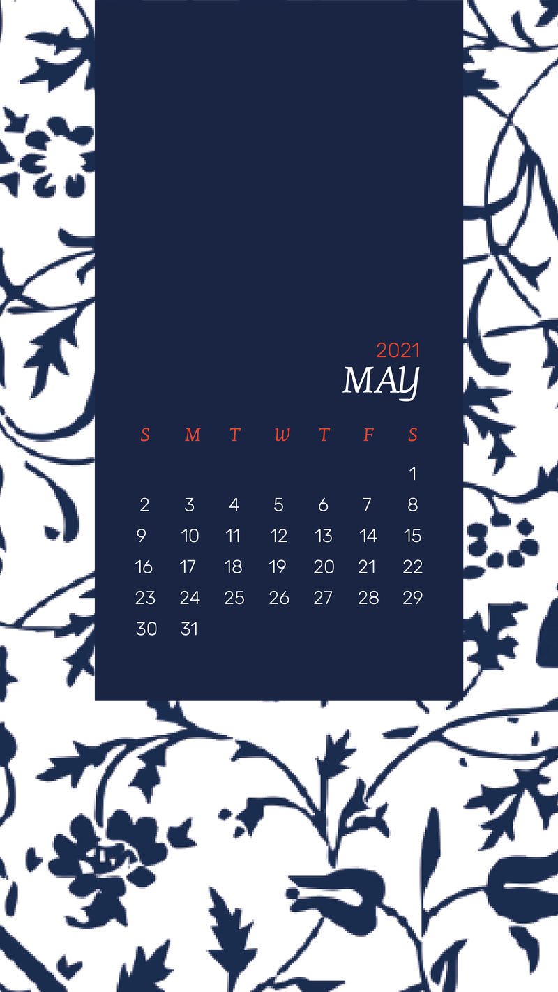日历2021年5月带William Morris花卉图案的可编辑模板向量