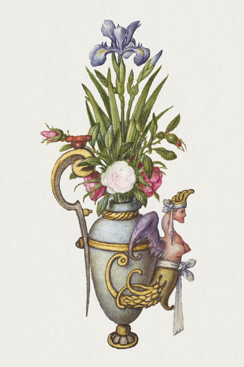 盛开的鸢尾花在一个古董花瓶里