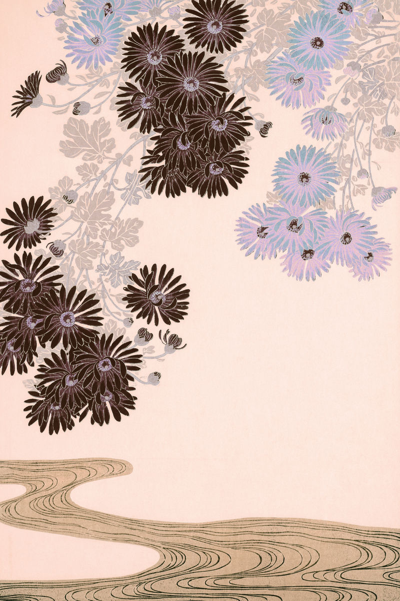 菊花​​​​​​ 溪流上的花朵复古墙面艺术印刷海报设计混音自Ohara Koson原创作品