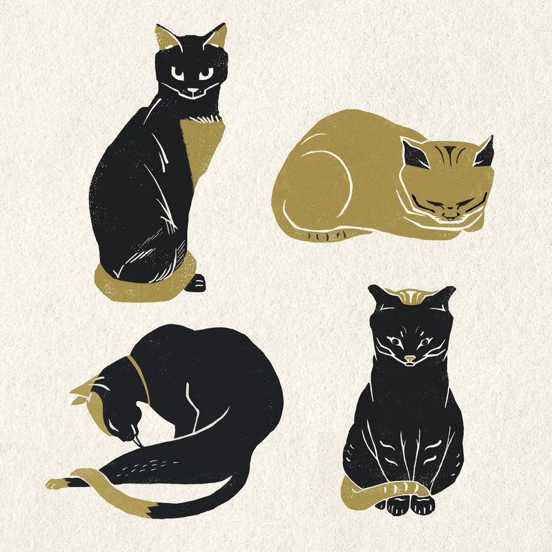 复古猫psd动物金黑色linocut插图套装