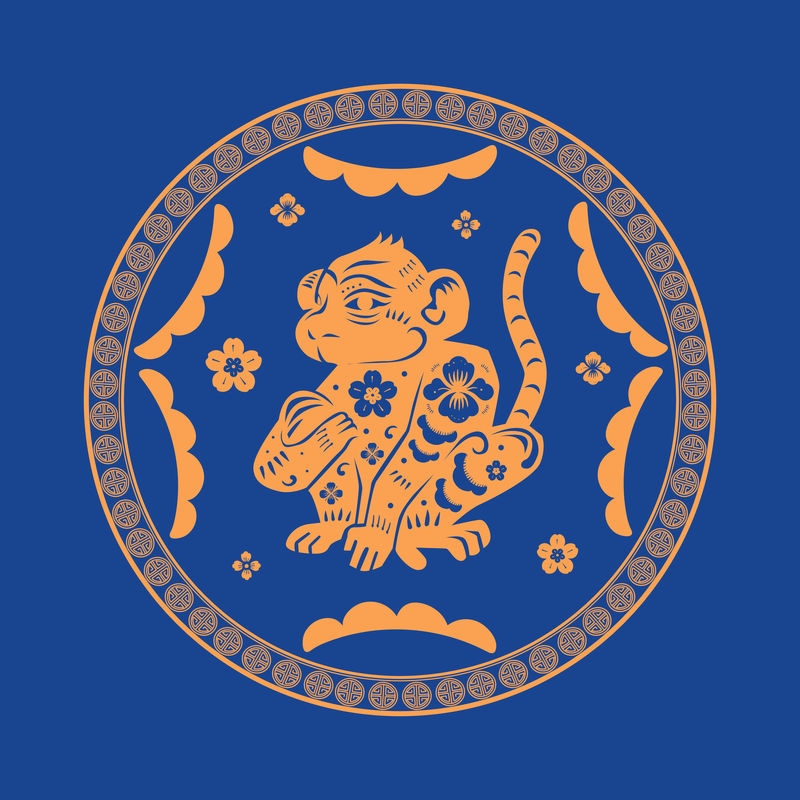 猴年橙色徽章矢量中国传统十二生肖