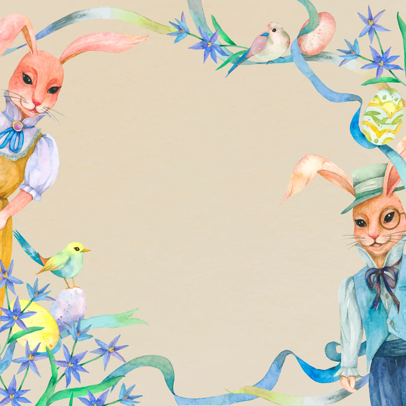 米色复活节框架矢量图花园中的兔子夫妇