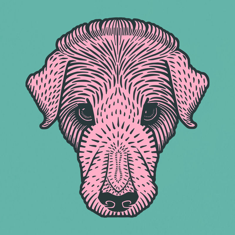 Linocut粉色犬媒动物复古图