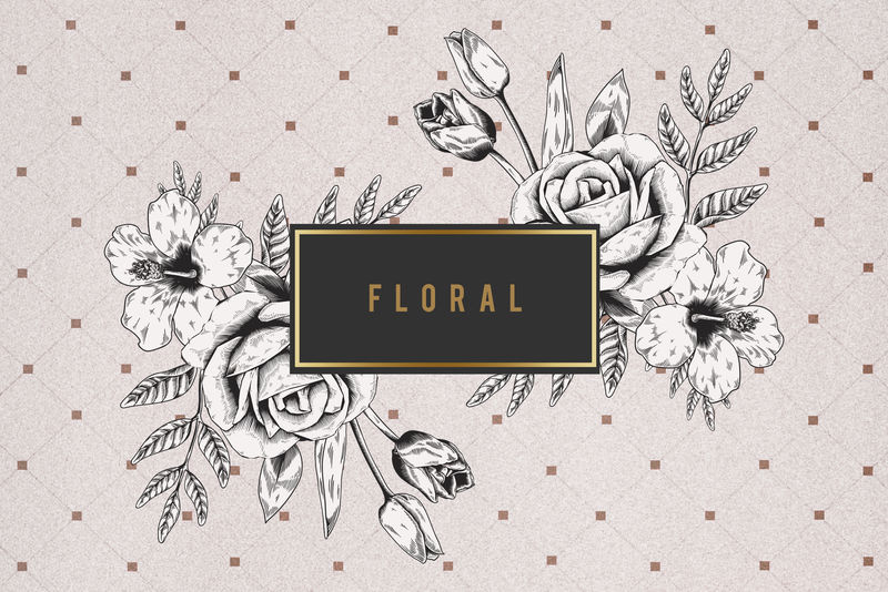 棕色网格背景插图上的花卉框架