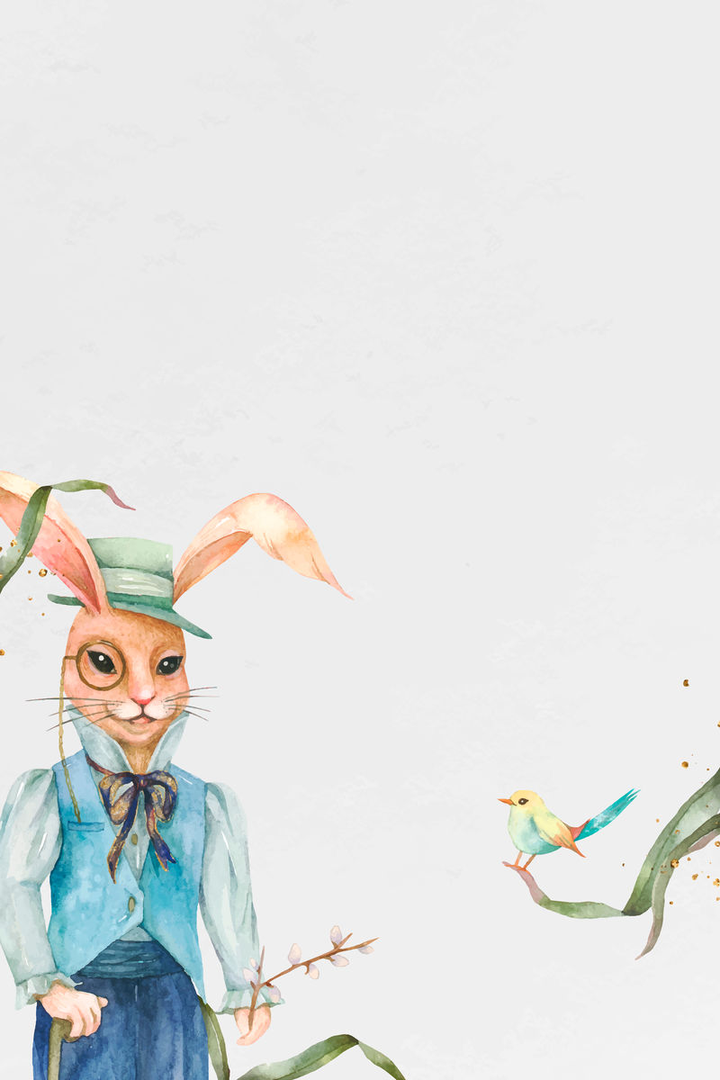 复活节兔子背景矢量与水彩小鸟