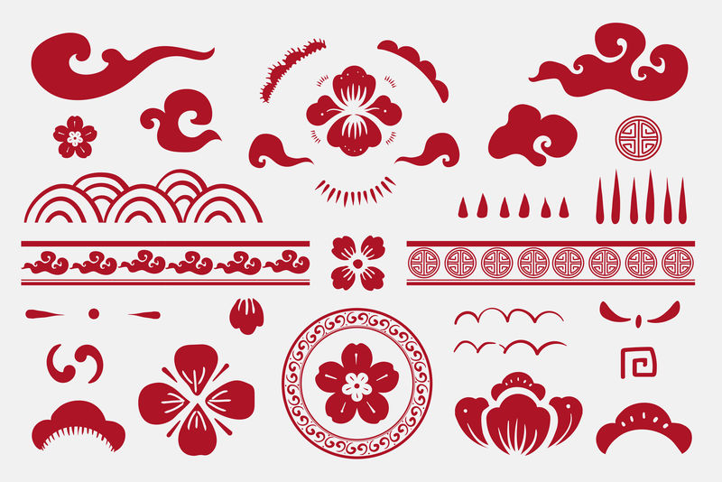 中国花卉红色矢量贴纸集