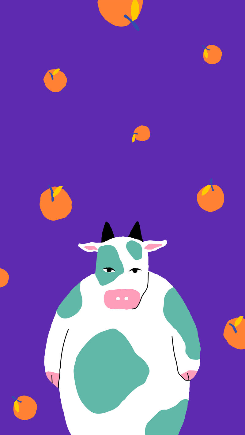 橙色水果图案psd与紫色背景上的奶牛
