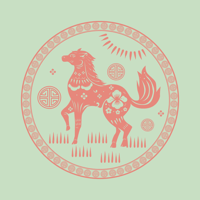 中国新年马矢量徽章粉色动物生肖