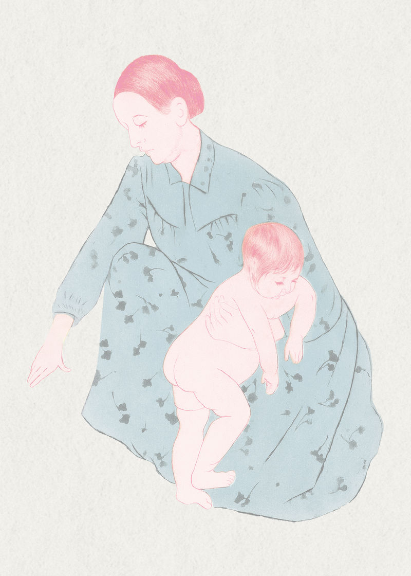 复古手绘母亲沐浴她的孩子插图混合从玛丽卡萨特的艺术作品