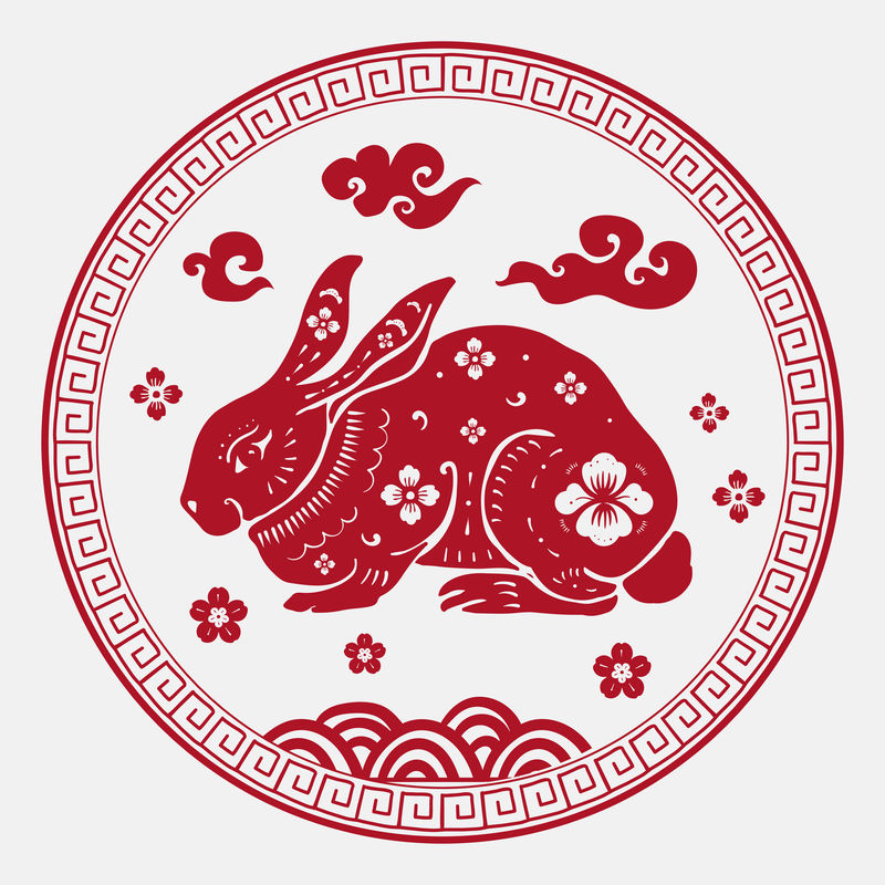 中国兔动物徽章载体红色新年设计元素