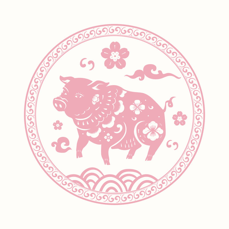 猪年粉色徽章矢量中国传统十二生肖