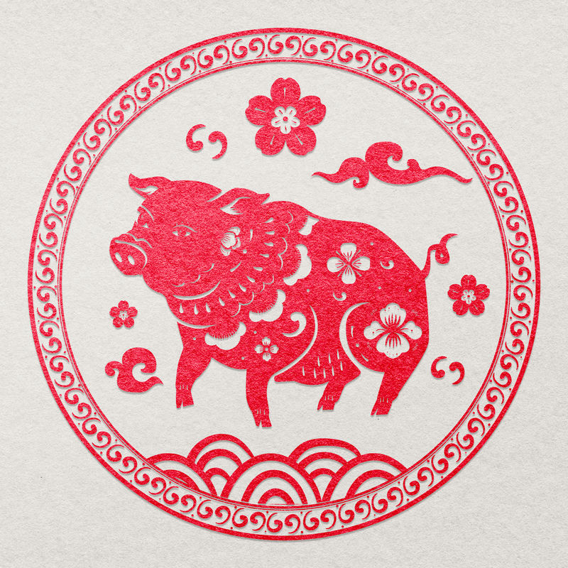 中国猪动物徽章载体红色新年设计元素