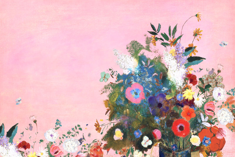 粉红色油画背景上的彩色花朵