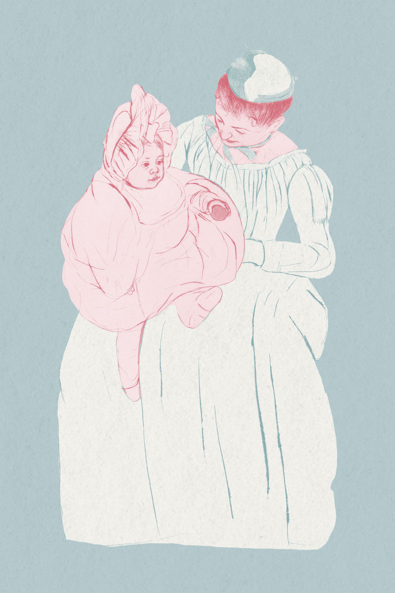 复古手绘母亲抱着她的孩子插图混合自玛丽·卡萨特的艺术作品