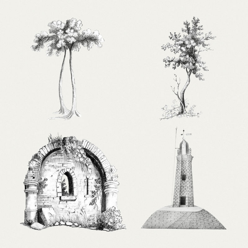 复古绘画建筑和树木集
