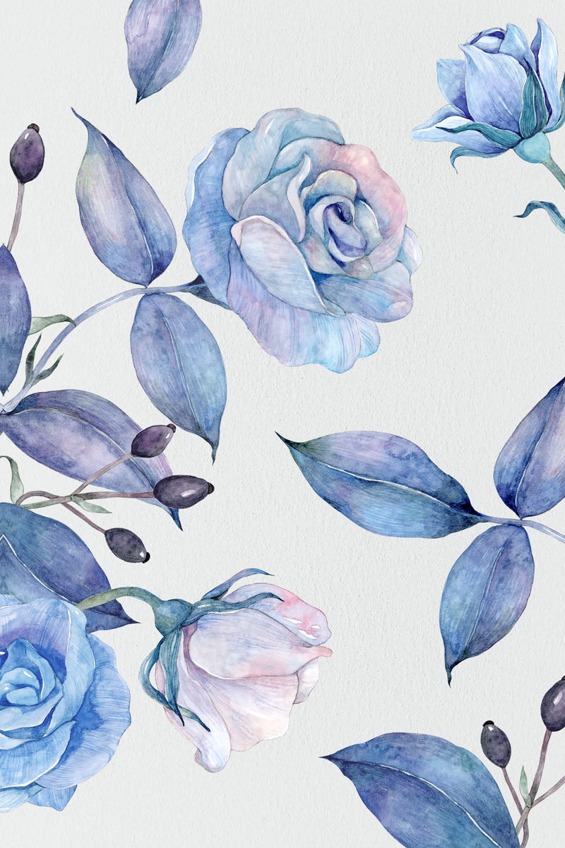 水彩玫瑰图案蓝色背景设计