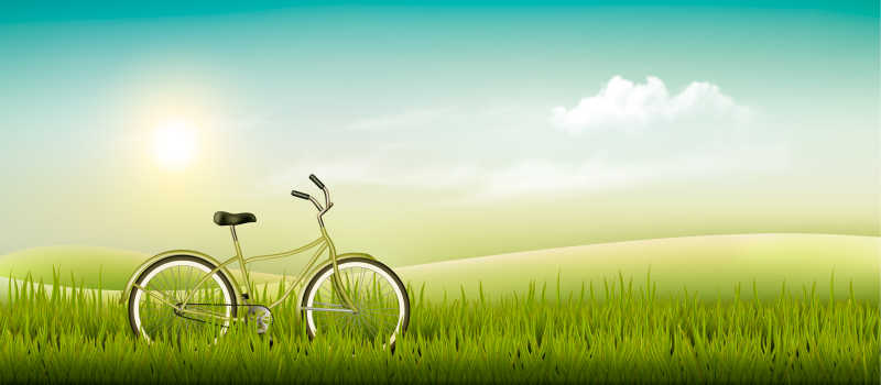 草原上的绿色自行车矢量插画