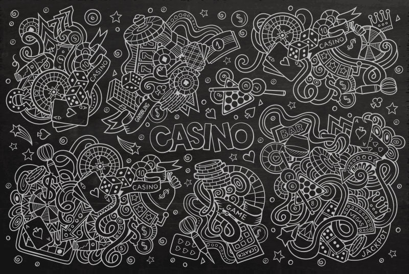 黑白背景上的矢量手绘卡通赌场图案背景