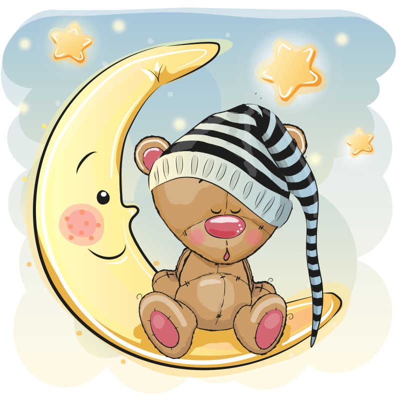 月亮上睡觉的卡通泰迪熊矢量插图