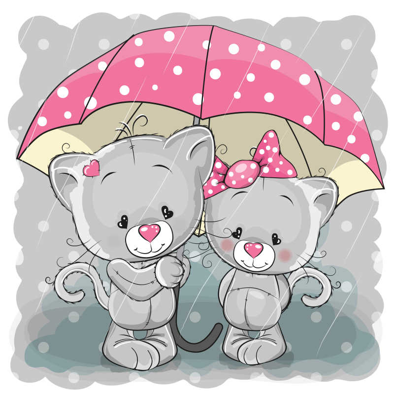 雨伞下的两只可爱的小猫矢量插图