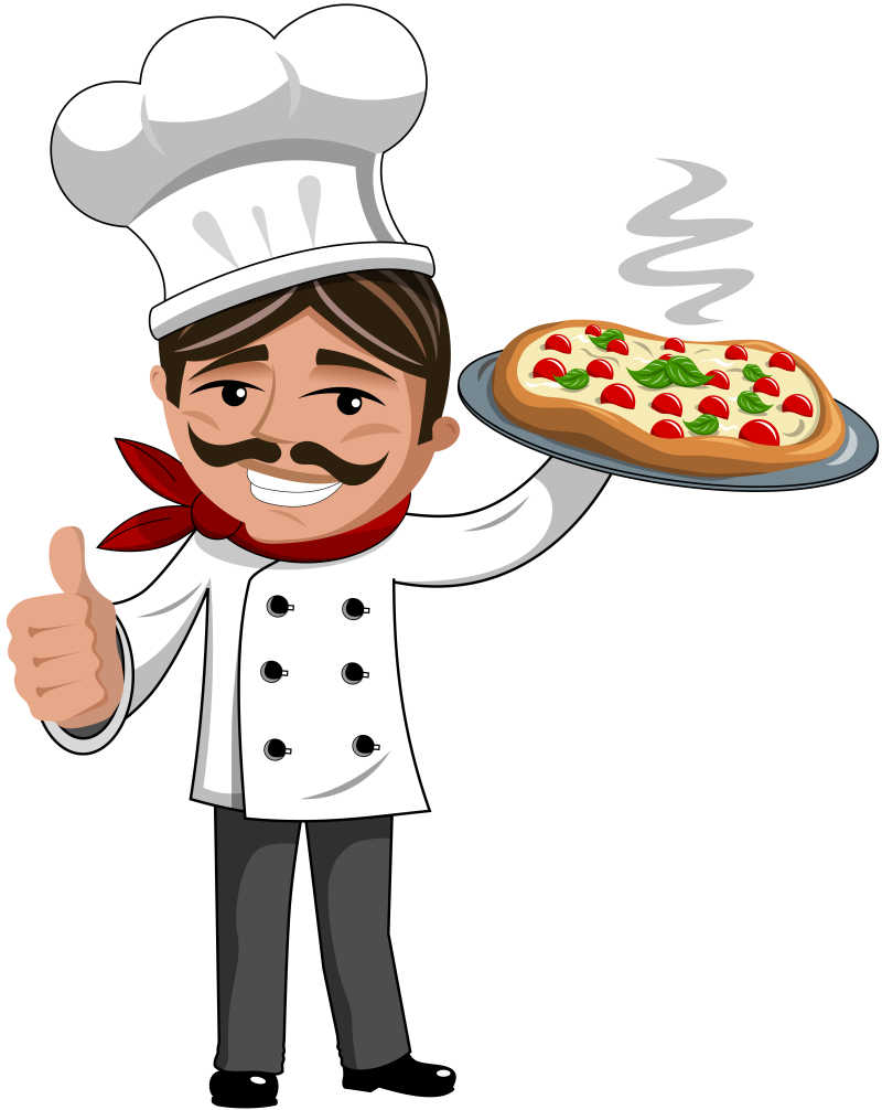 白色背景上竖起大拇指的矢量卡通披萨饼厨师