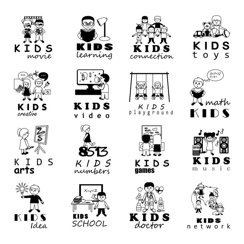 黑白的创意儿童生活插图矢量图标设计