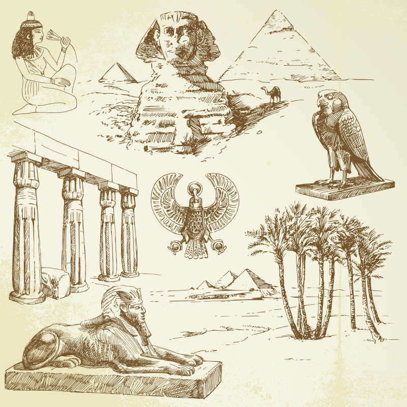 手绘埃及建筑及风景矢量插图