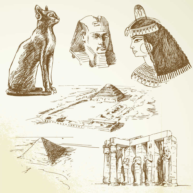 埃及建筑及法老矢量手绘插图