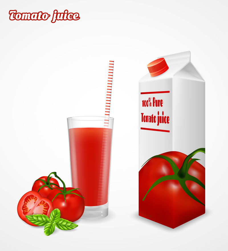 白色背景上的矢量番茄汁与纸包装