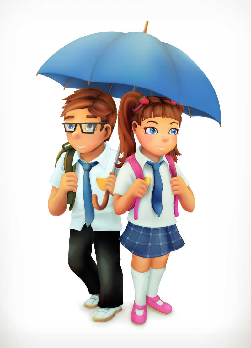 伞下的男孩和女孩卡通人物矢量图标
