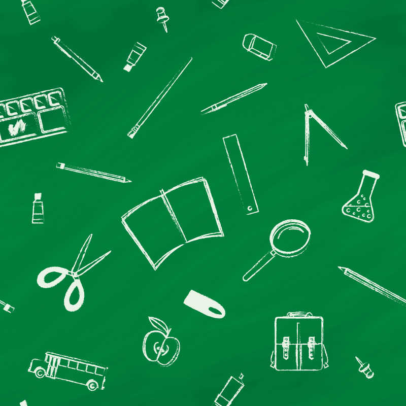 绿色背景学校所需文具的创意图标矢量插图