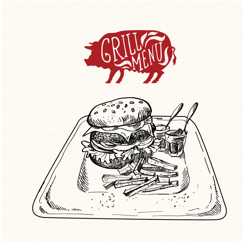 手绘风格的汉堡料理矢量插画