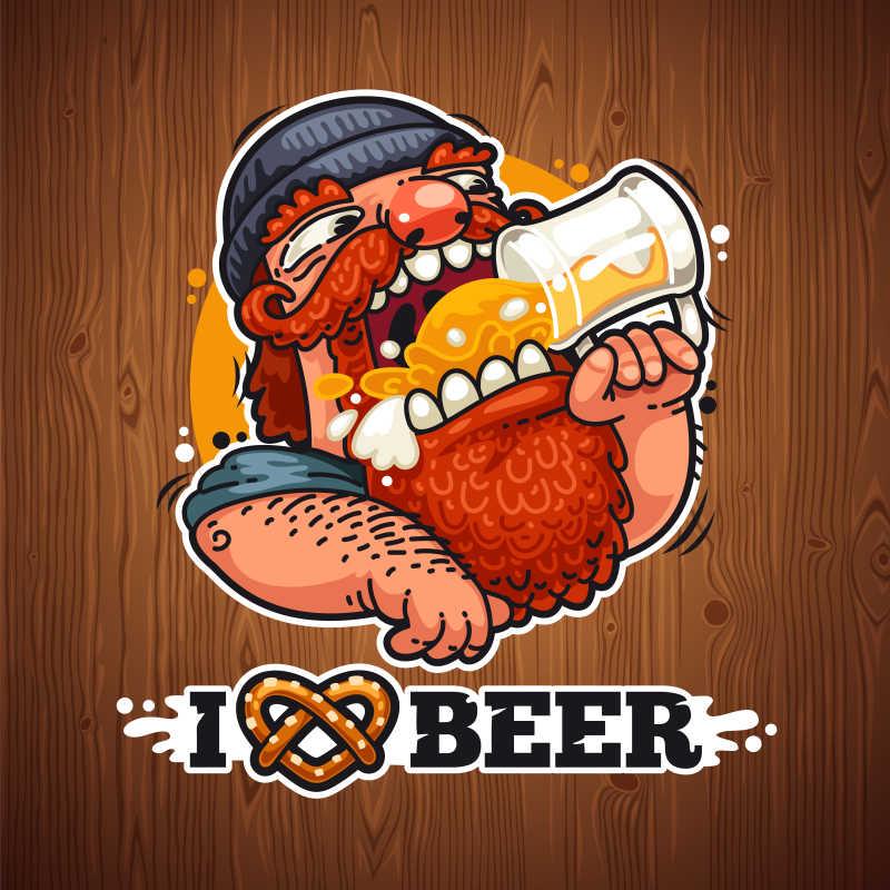 喝啤酒的大胡子男人矢量插画