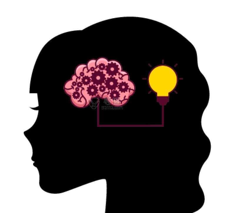 女性头部剪影里画着一个和脑子连接在一起的灯泡矢量模板