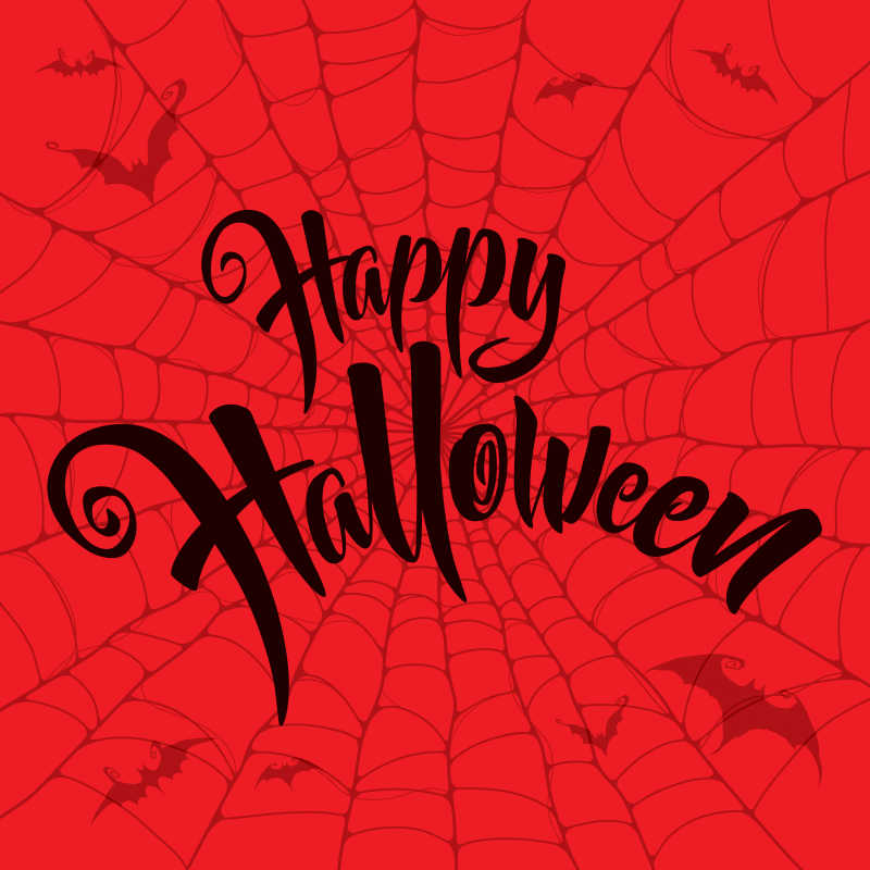矢量红色背景上的蜘蛛网与快乐万圣节