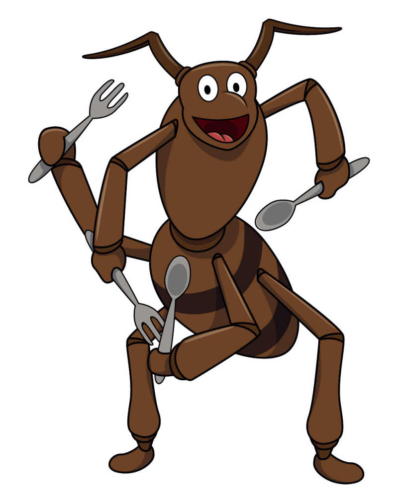 手拿叉子的卡通棕色矢量蚂蚁