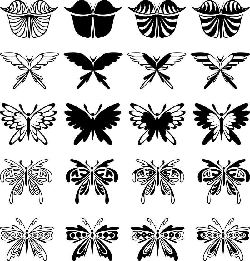 白色背景上矢量的不同形状插画蝴蝶